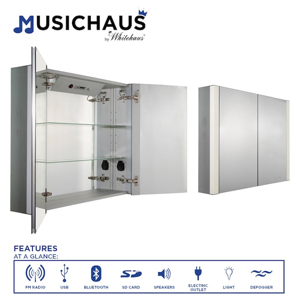 Whitehaus Dbl Mirrored Door Medicine Cabinet W/ Usb, Sd Card, Bluetooth, Fm Radio, S WHFEL7089-S - main